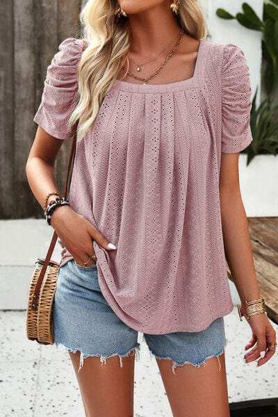 Eyelet Square Neck Puff Sleeve T-Shirt - Trendsi - Flyclothing LLC