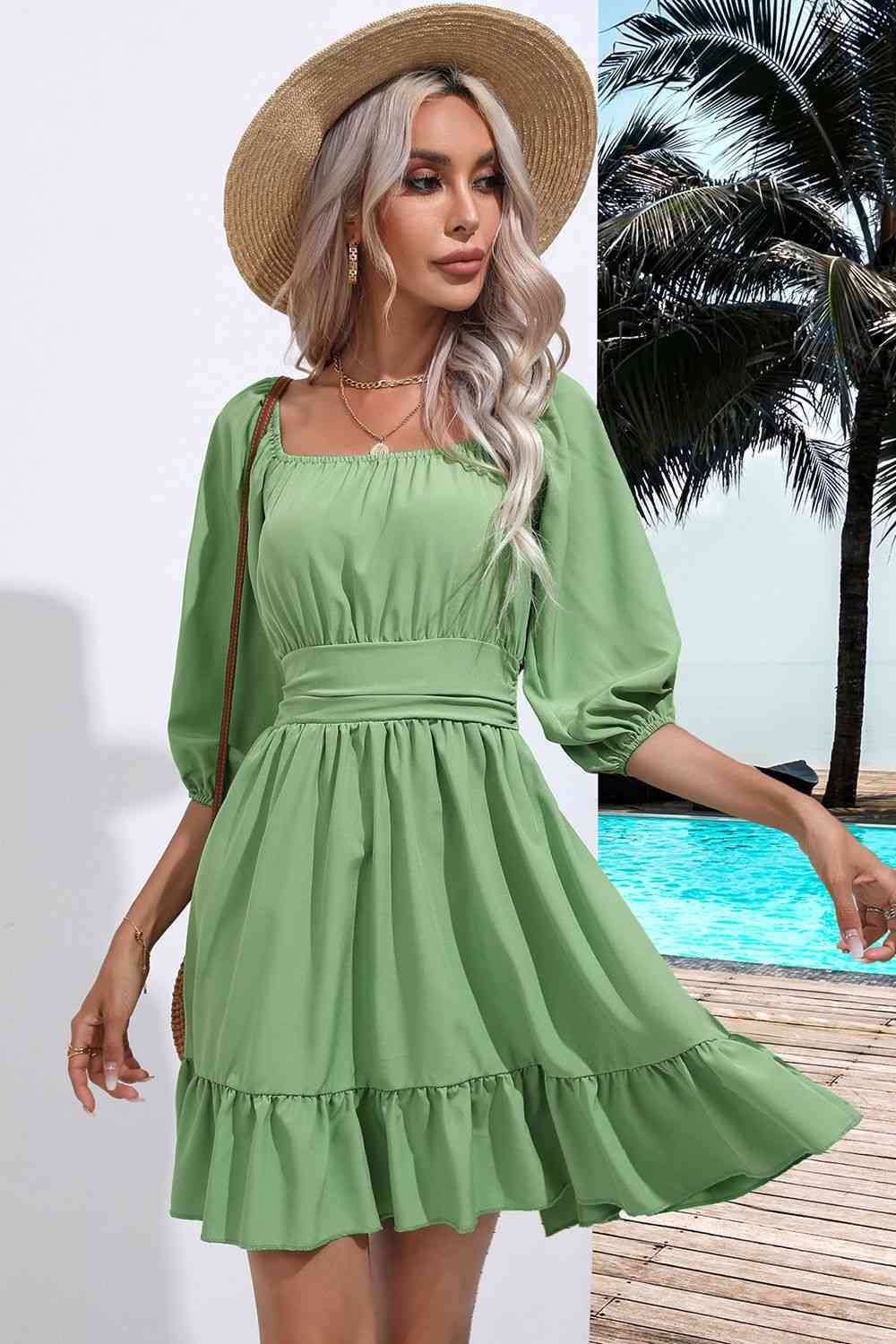 Square Neck Tie Back Ruffle Hem Dress - Trendsi - Flyclothing LLC