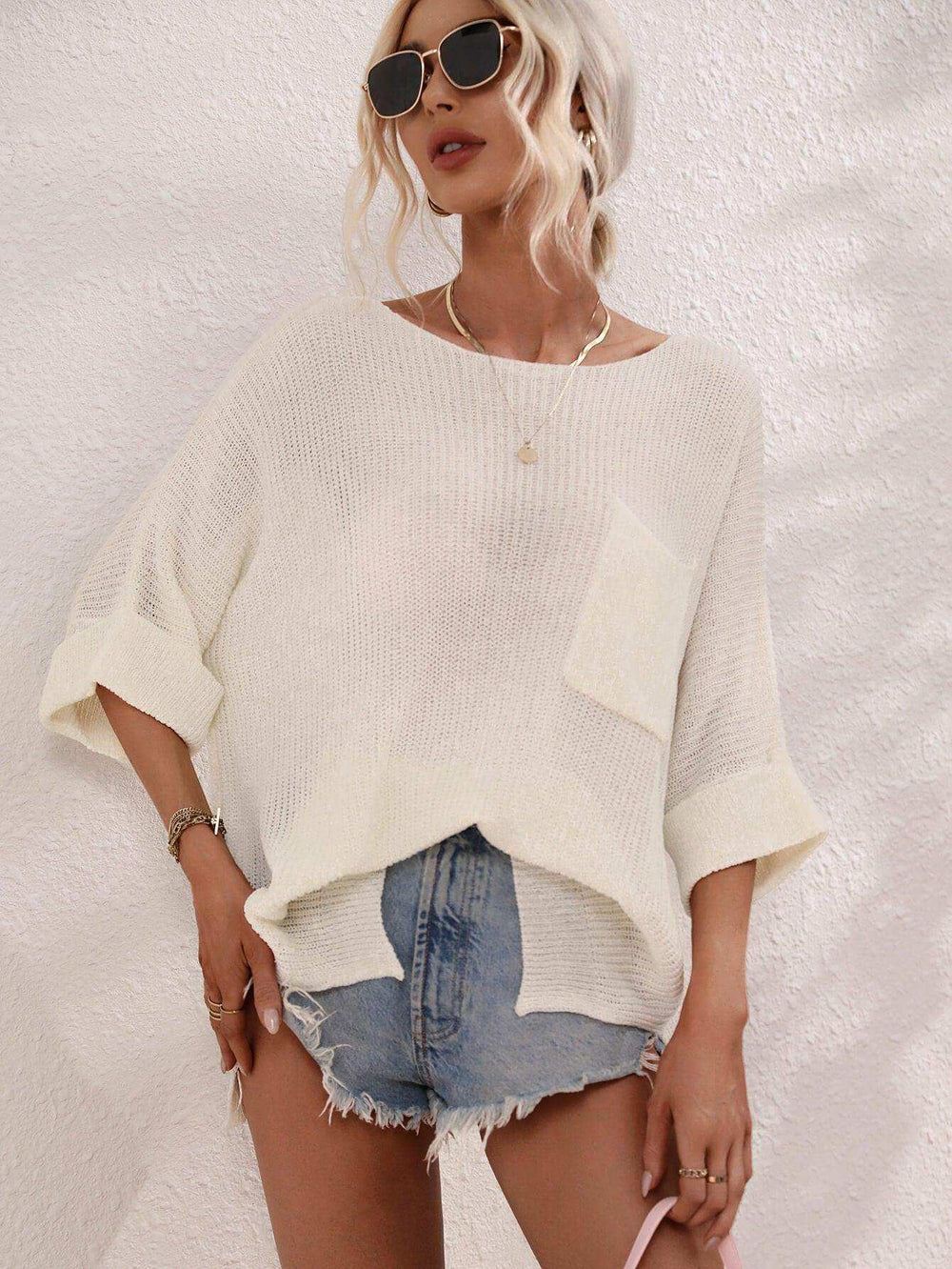 Boat Neck Cuffed Sleeve Slit Tunic Knit Top - Trendsi - Flyclothing LLC