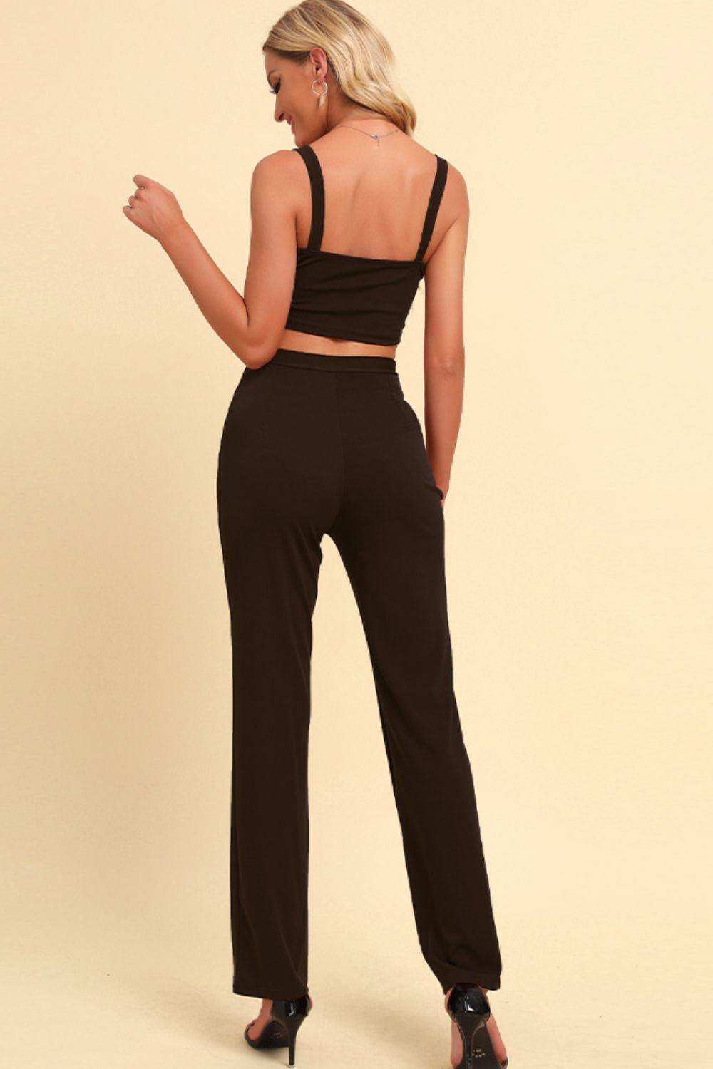 Chain Detail Cropped Cami and Straight Leg Pants Set - Trendsi - Flyclothing LLC