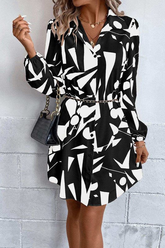 Geometric Long Sleeve Shirt Dress - Trendsi - Flyclothing LLC