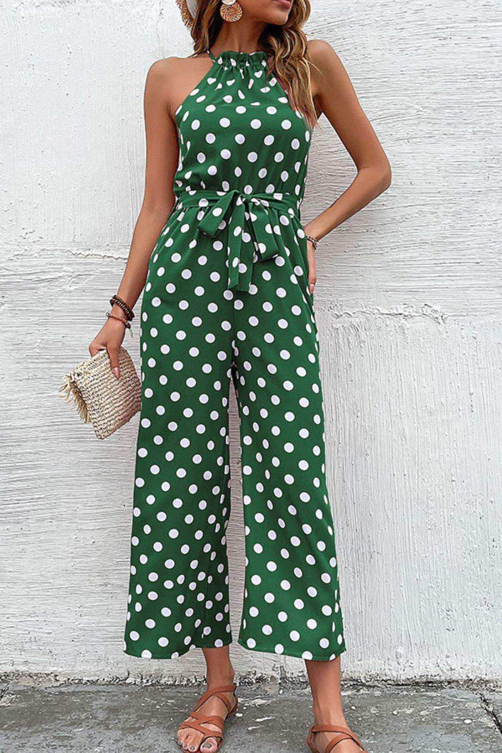 Polka Dot Grecian Wide Leg Jumpsuit - Trendsi - Flyclothing LLC