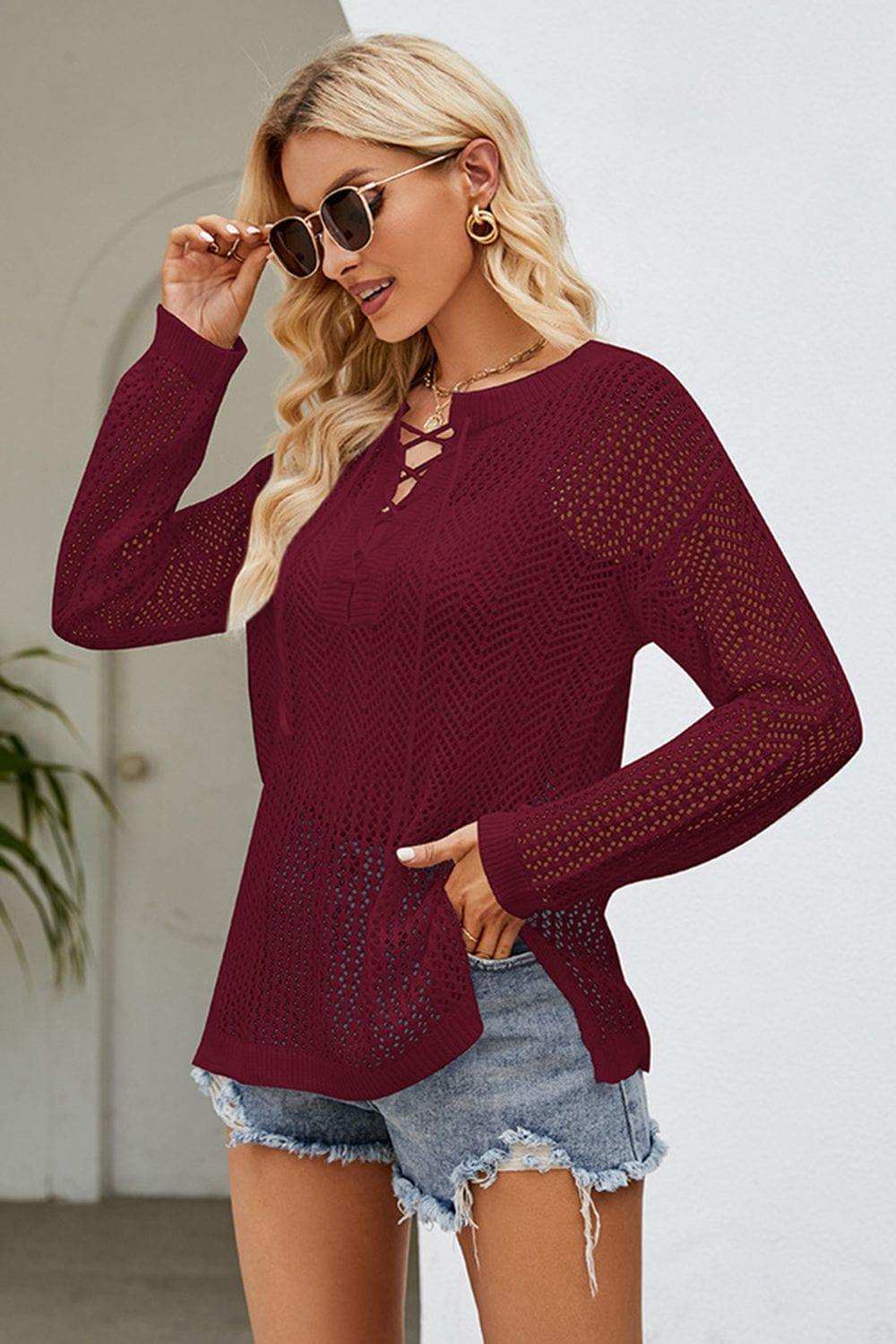 Lace-Up Slit Knit Top - Trendsi - Flyclothing LLC
