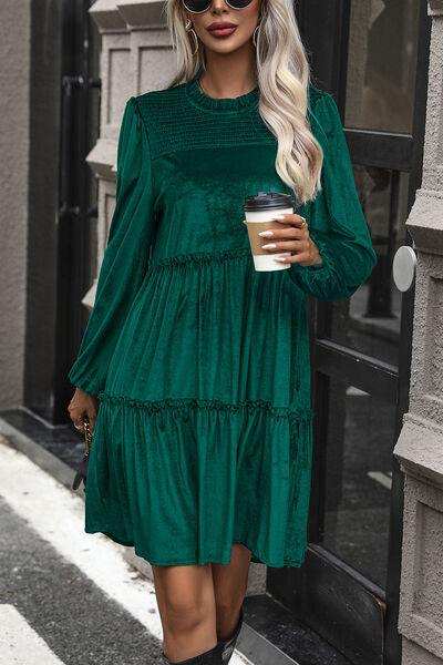 Smocked Balloon Sleeve Frill Trim Tiered Dress - Trendsi - Flyclothing LLC