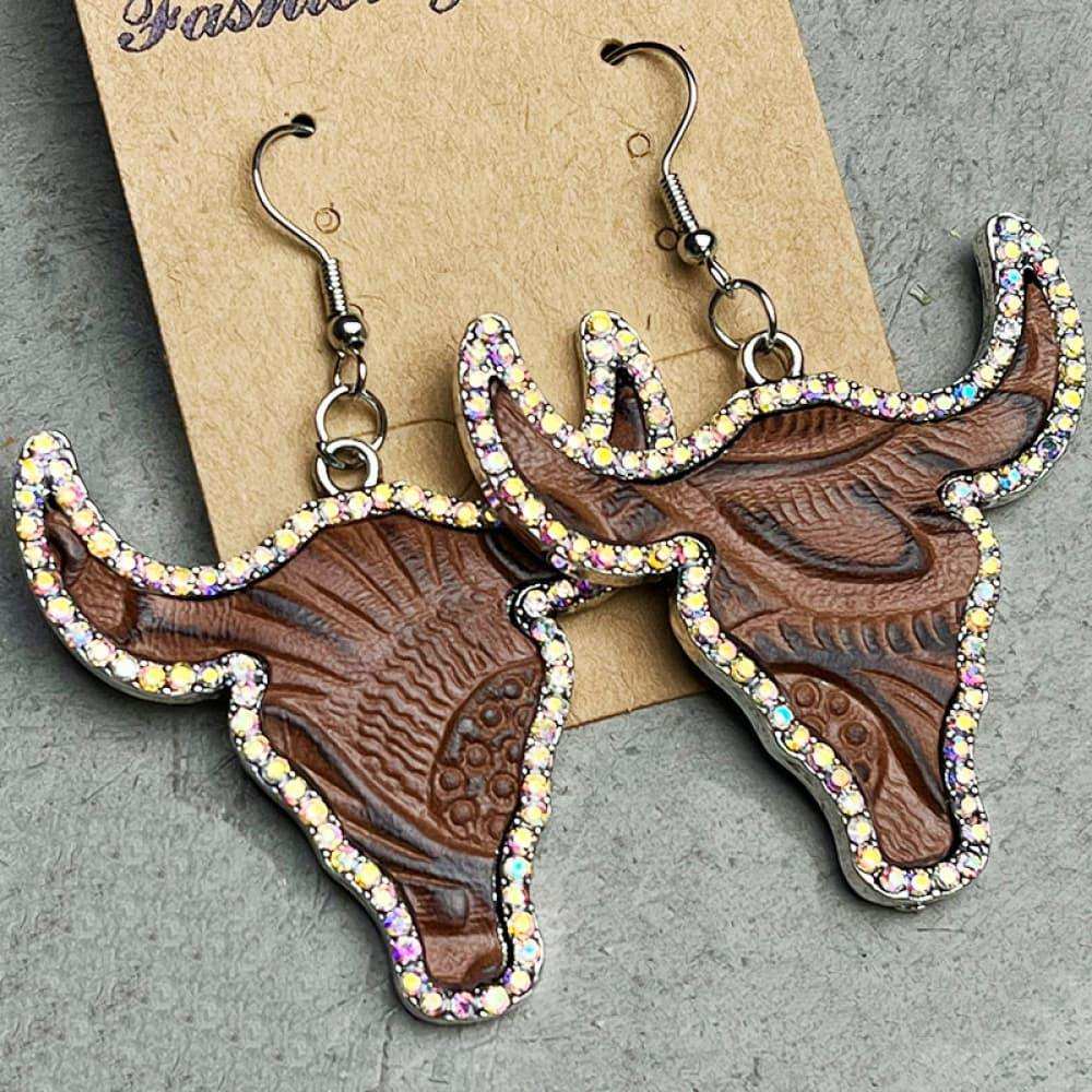 Rhinestone Trim Alloy Bull Earrings - Trendsi - Flyclothing LLC