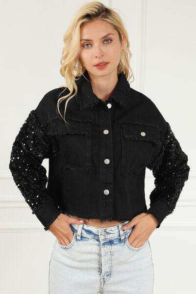 Sequin Button Up Raw Hem Denim Jacket - Trendsi - Flyclothing LLC