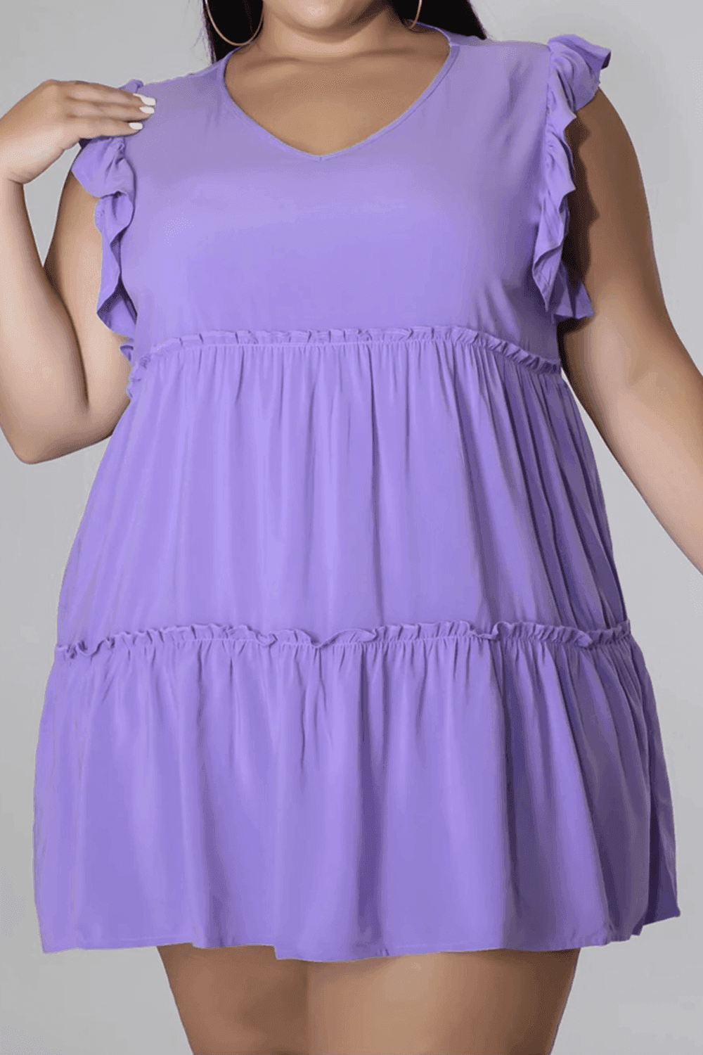Plus Size V-Neck Frill Trim Mini Dress - Trendsi - Flyclothing LLC