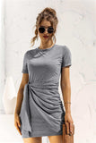 Round Neck Cuffed Sleeve Side Tie Dress - Trendsi - Flyclothing LLC