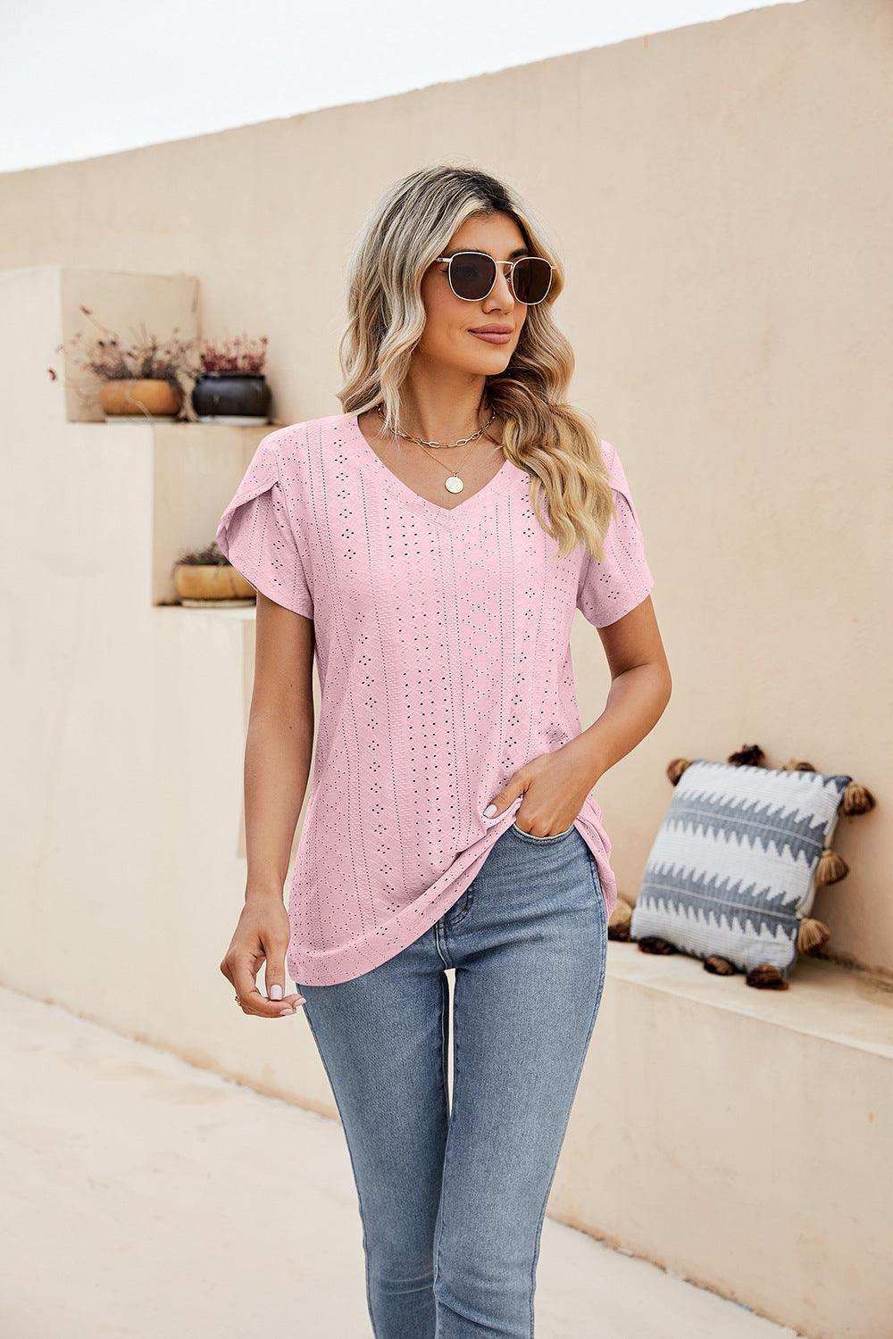 Eyelet Petal Sleeve V-Neck Knit Top - Trendsi - Flyclothing LLC