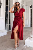 Ruffled Surplice Tie Waist Slit Midi Dress - Trendsi - Flyclothing LLC