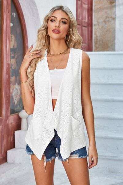 Eyelet Open Front Sleeveless Cardigan - Trendsi - Flyclothing LLC
