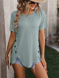 Decorative Button Round Neck Short Sleeve Blouse - Trendsi - Flyclothing LLC