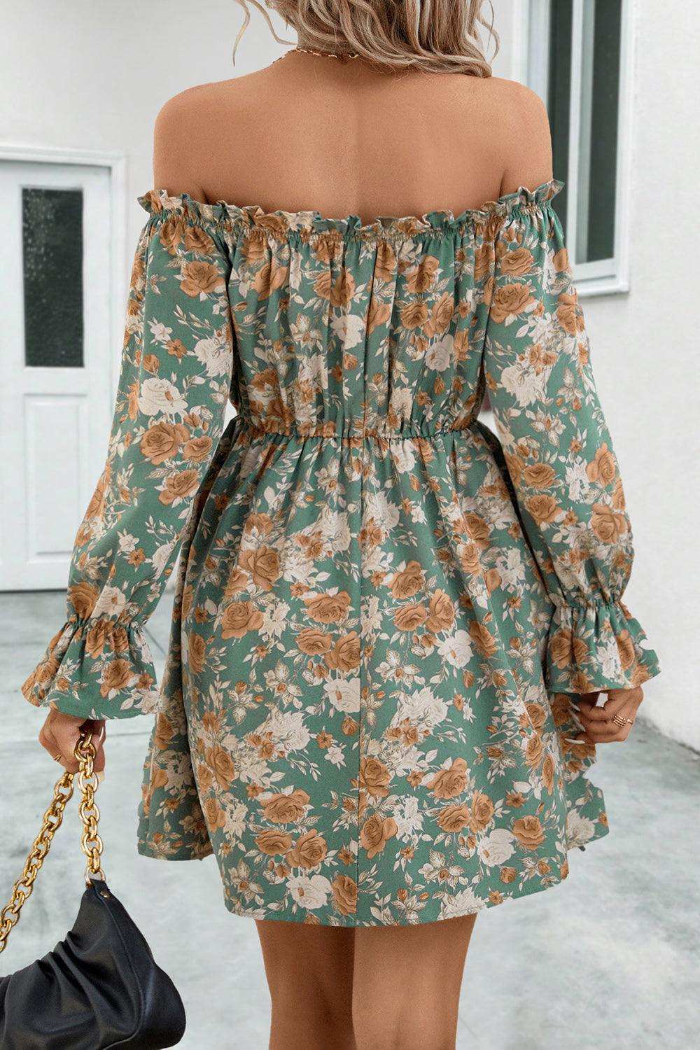 Floral Off-Shoulder Flounce Sleeve Dress - Trendsi - Flyclothing LLC