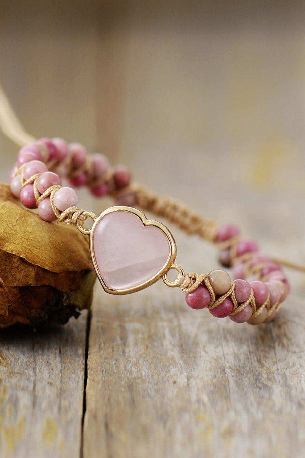 Rose Quartz Heart Beaded Bracelet - Trendsi - Flyclothing LLC