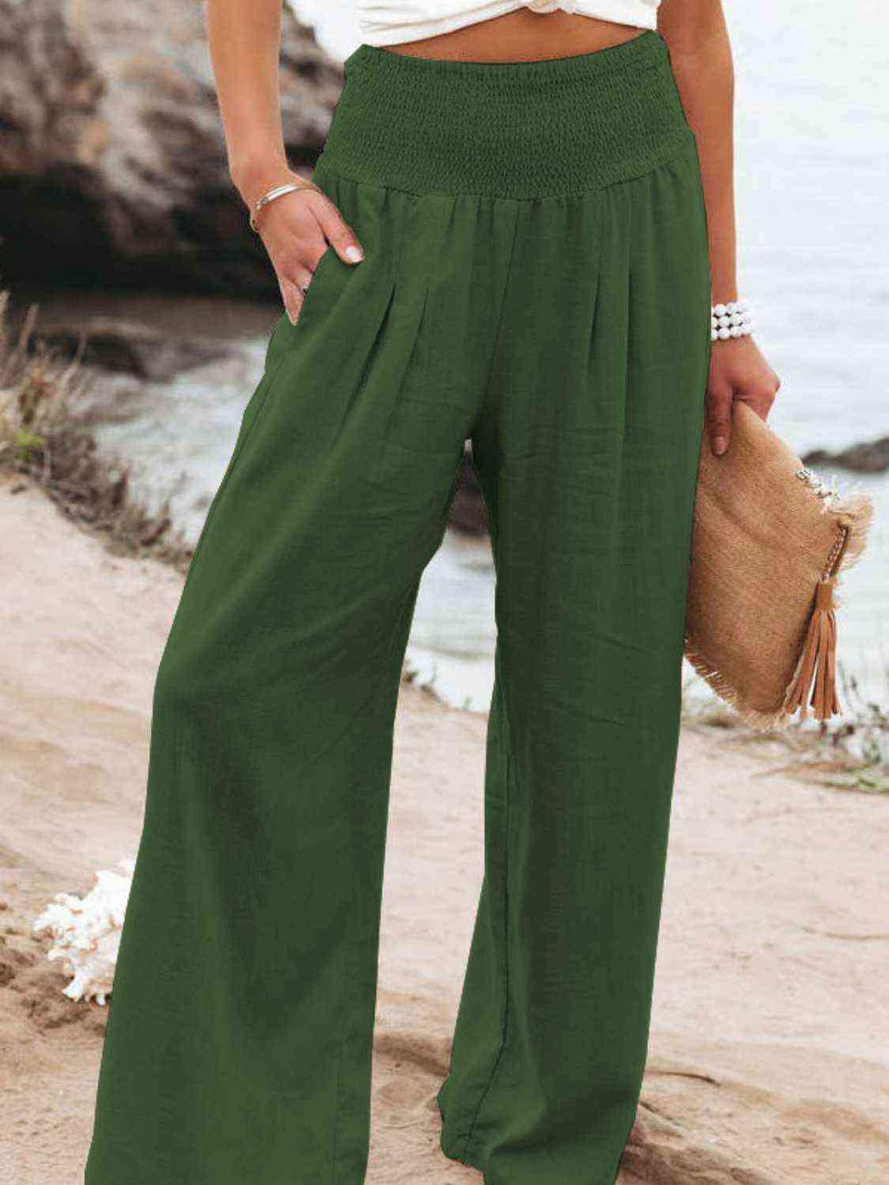 Full Size Smocked Waist Wide Leg Pants - Trendsi - Flyclothing LLC