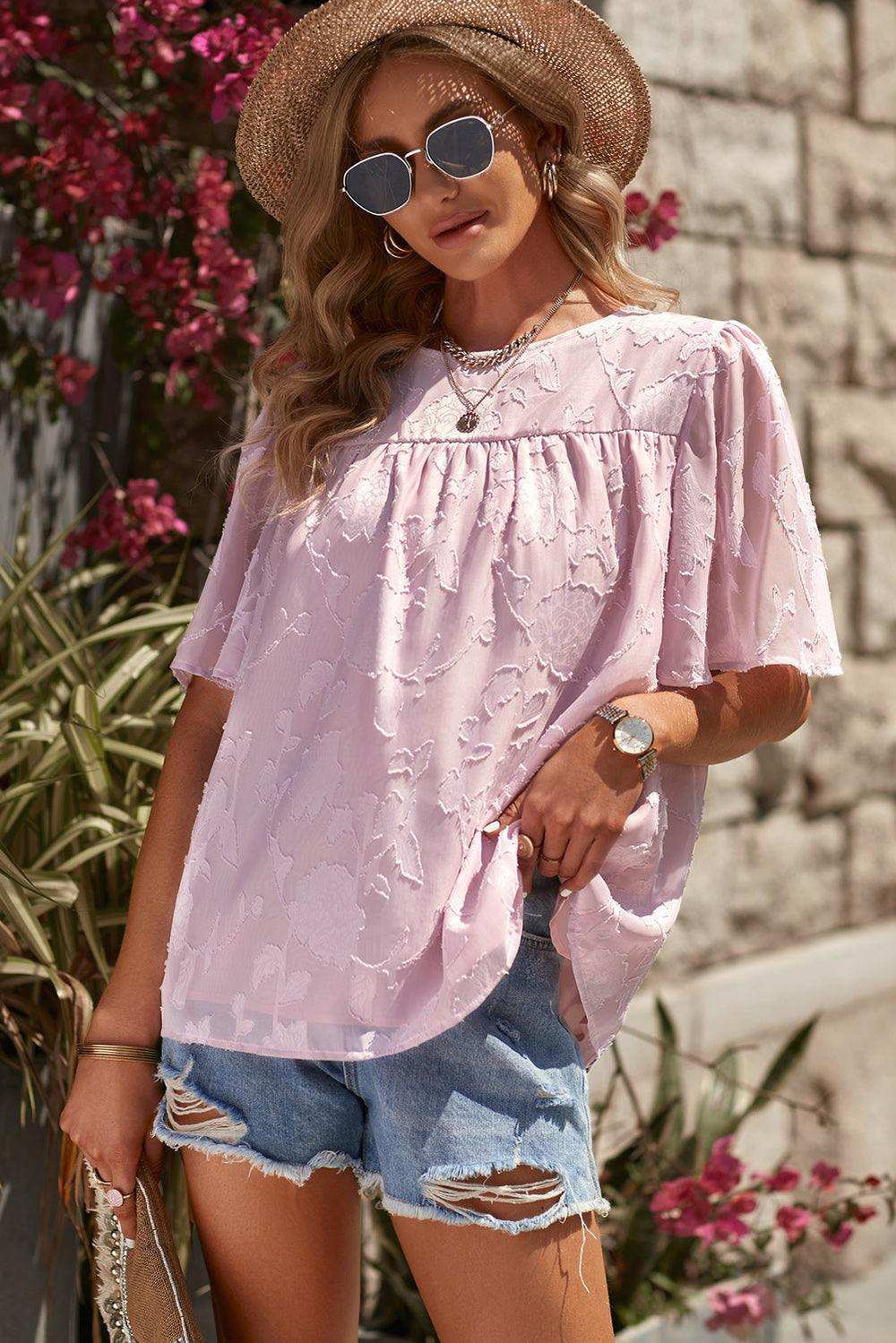 Round Neck Puff Sleeve Blouse - Trendsi - Flyclothing LLC