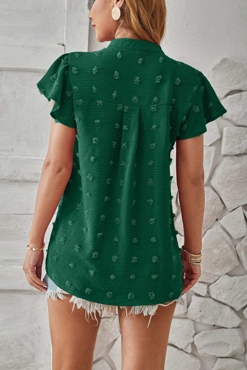 Swiss Dot Notched Cap Sleeve T-Shirt - Trendsi - Flyclothing LLC