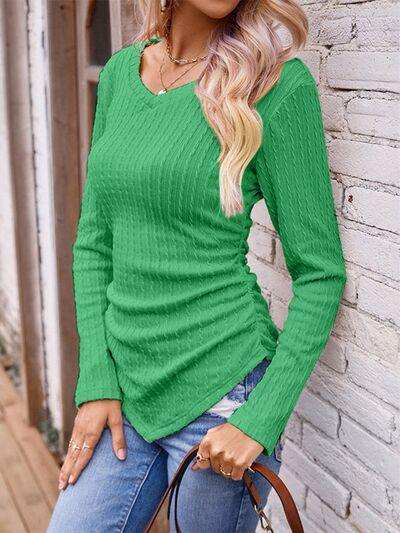 Textured Ruched V-Neck Long Sleeve T-Shirt - Trendsi - Flyclothing LLC