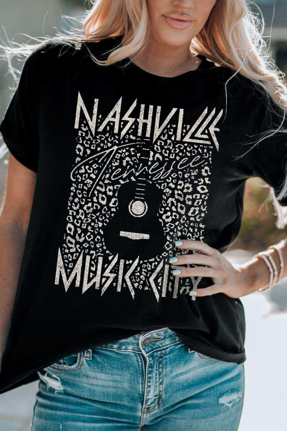 Graphic Cuffed Sleeve Round Neck Tee - Trendsi - Flyclothing LLC