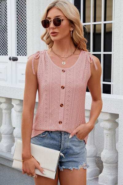 Eyelet Round Neck Wide Strap Tank - Trendsi - Flyclothing LLC