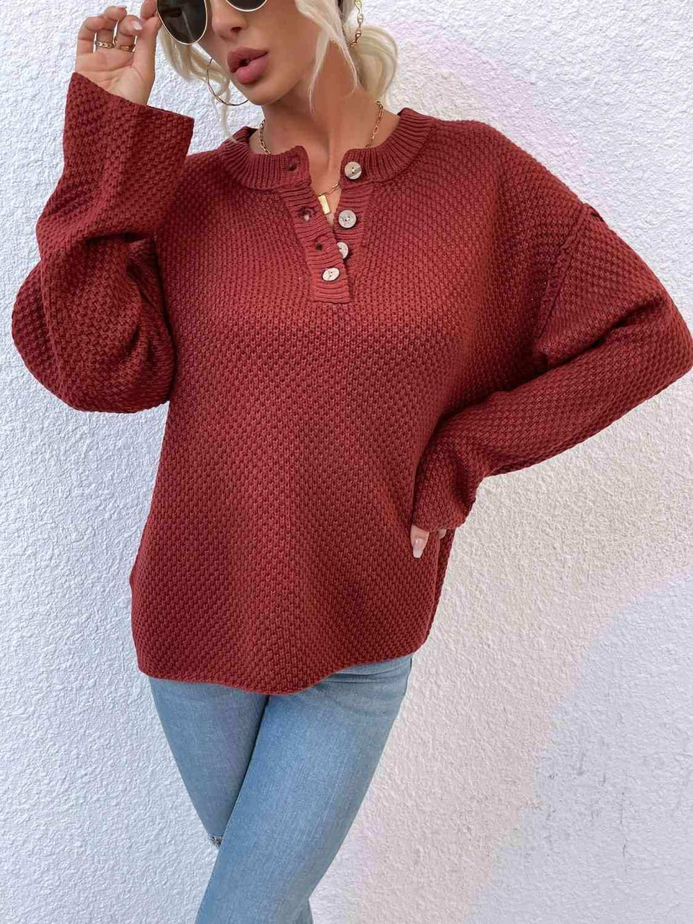 Quarter-Button Slit Sweater - Trendsi - Flyclothing LLC