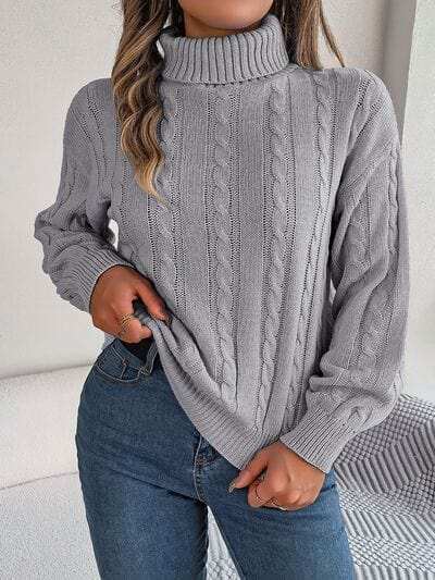 Cable-Knit Turtleneck Dropped Shoulder Sweater - Trendsi - Flyclothing LLC