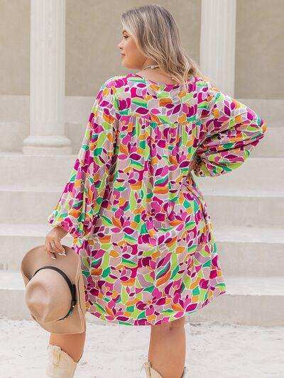 Plus Size Printed V-Neck Balloon Sleeve Mini Dress - Trendsi - Flyclothing LLC