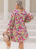 Plus Size Printed V-Neck Balloon Sleeve Mini Dress - Trendsi - Flyclothing LLC