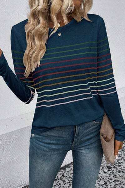 Striped Round Neck Long Sleeve T-Shirt - Trendsi - Flyclothing LLC