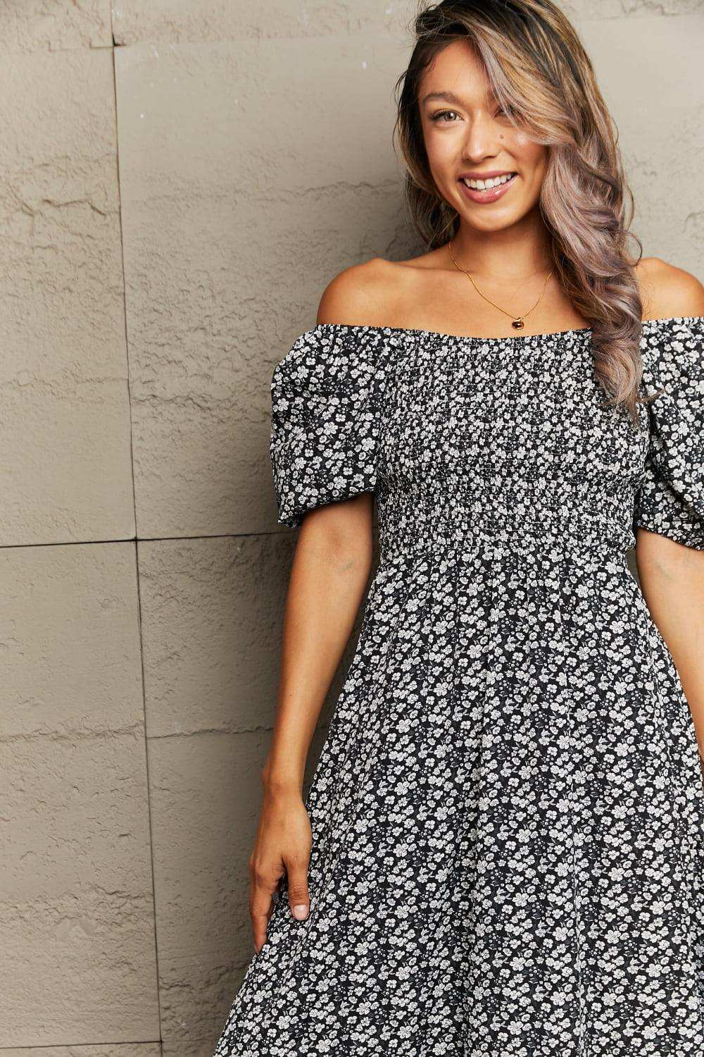 Floral Lace-Up Off-Shoulder Midi Dress - Trendsi - Flyclothing LLC