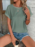 Eyelet Round Neck Short Sleeve T-Shirt - Trendsi - Flyclothing LLC
