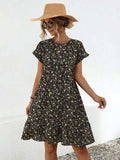 Frill Floral Round Neck Short Sleeve Tiered Dress - Trendsi - Flyclothing LLC