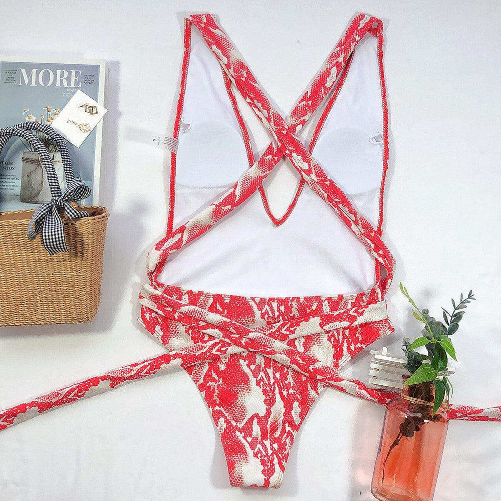 Halter Neck Deep V Tied One-Piece Swimsuit - Trendsi - Flyclothing LLC