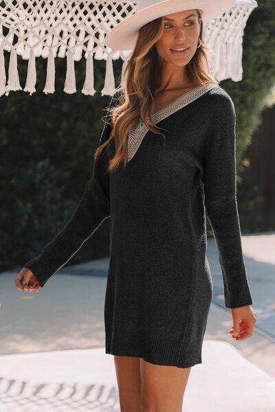 V-Neck Long Sleeve Mini Sweater Dress - Trendsi - Flyclothing LLC