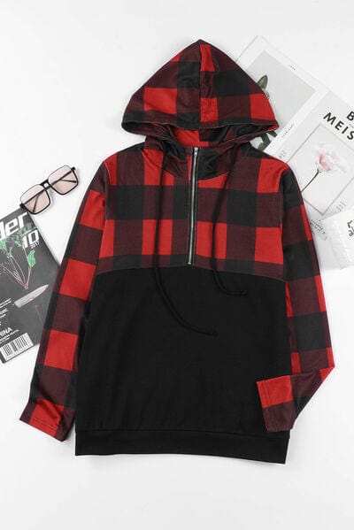 Drawstring Plaid Half Zip Hoodie - Trendsi - Flyclothing LLC