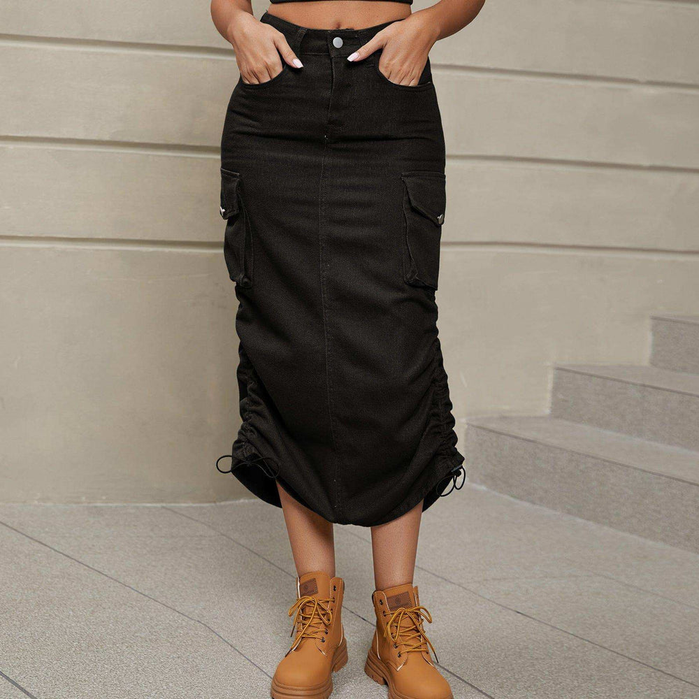 Drawstring Ruched Slit Denim Midi Skirt - Trendsi - Flyclothing LLC