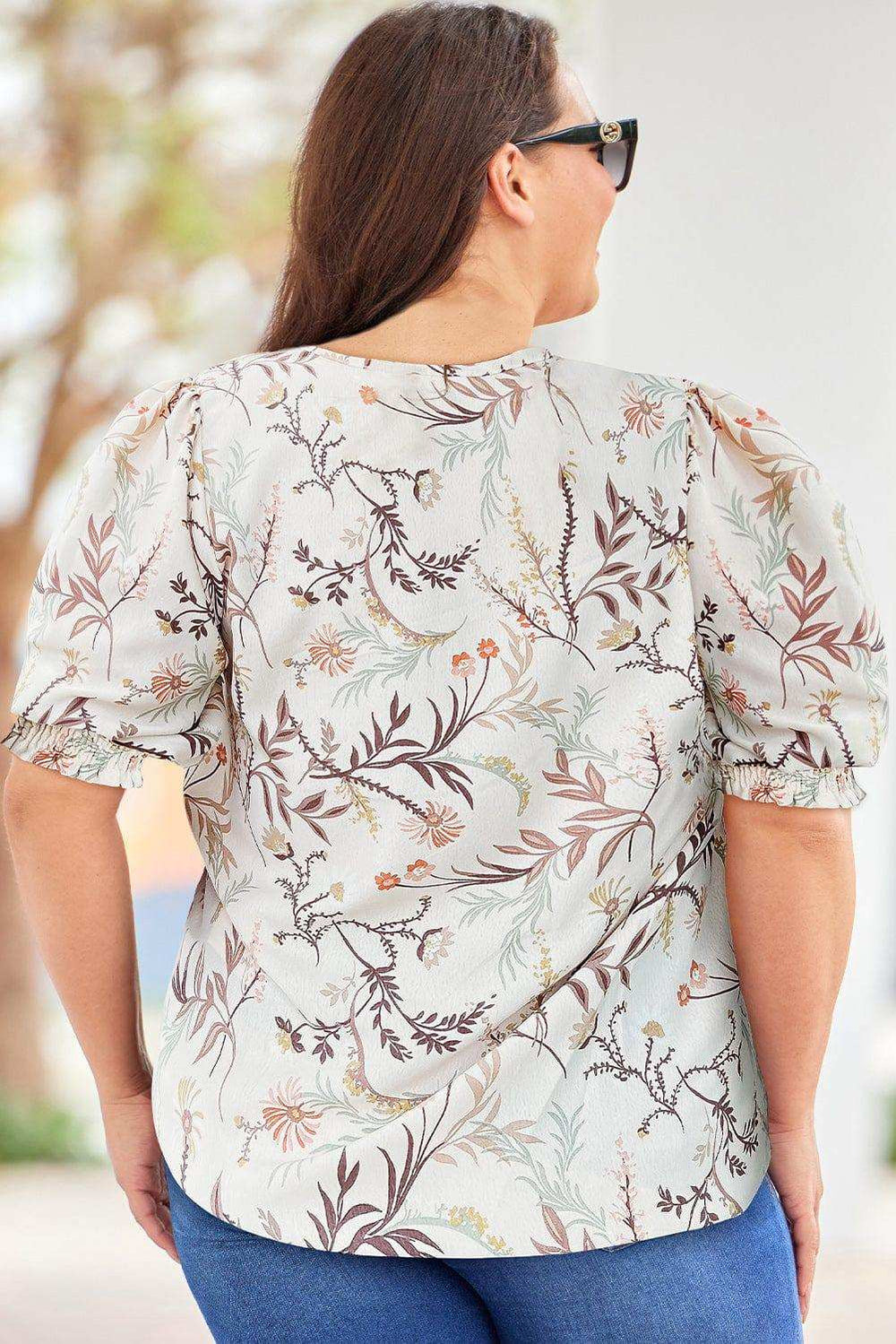 Plus Size Floral Fuff Sleeve Top - Trendsi - Flyclothing LLC