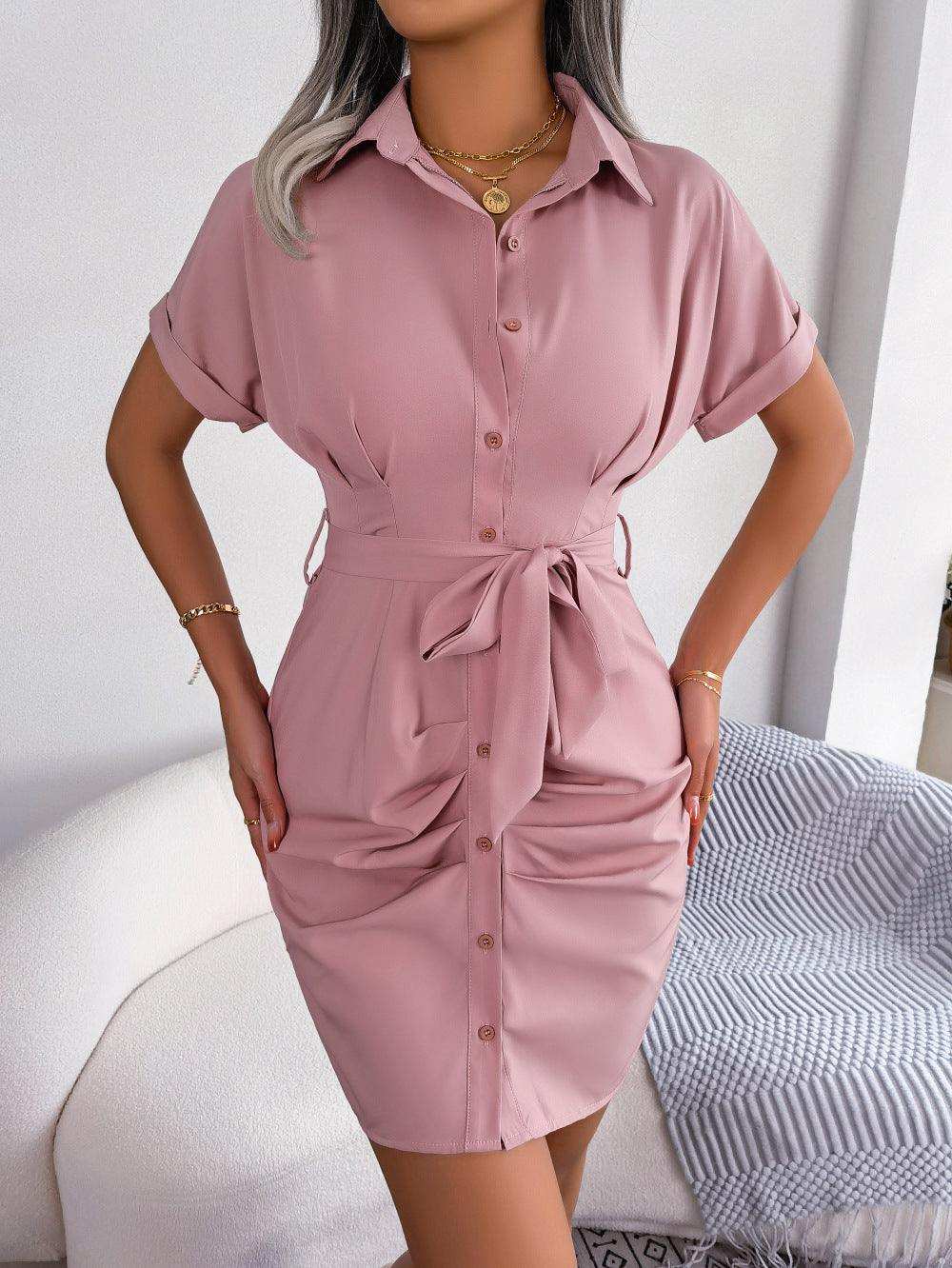 Button Down Ruched Tie Belt Dress - Trendsi - Flyclothing LLC