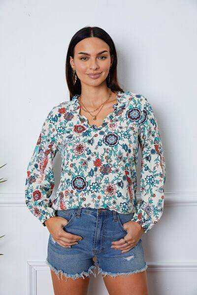 Floral Notched Long Sleeve Blouse - Trendsi - Flyclothing LLC