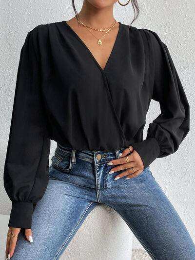 Surplice Ruched Long Sleeve Bodysuit - Trendsi - Flyclothing LLC