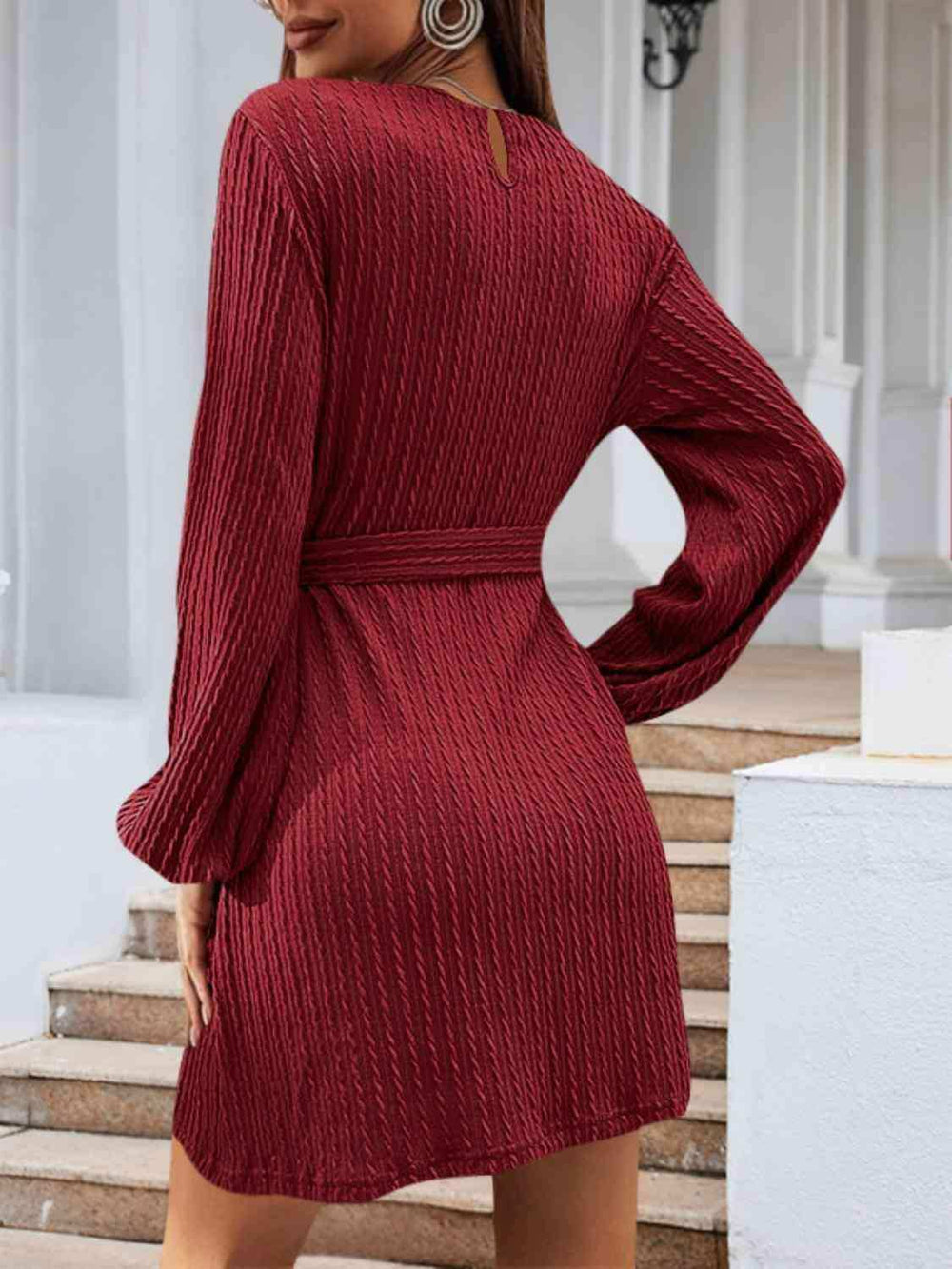Round Neck Tie Front Long Sleeve Dress - Trendsi - Flyclothing LLC