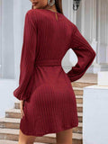 Round Neck Tie Front Long Sleeve Dress - Trendsi - Flyclothing LLC