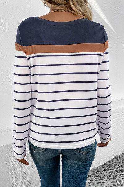 Striped Round Neck Long Sleeve T-Shirt - Trendsi - Flyclothing LLC