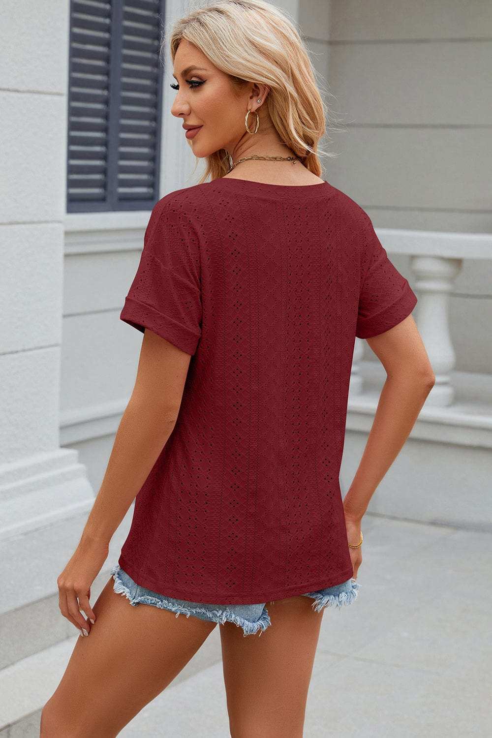Eyelet V-Neck Short Sleeve T-Shirt - Trendsi - Flyclothing LLC
