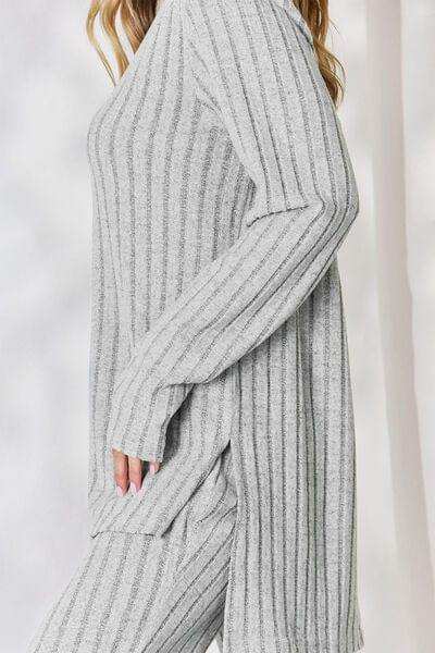 Basic Bae Full Size Ribbed High-Low Top and Wide Leg Pants Set - Trendsi - Flyclothing LLC