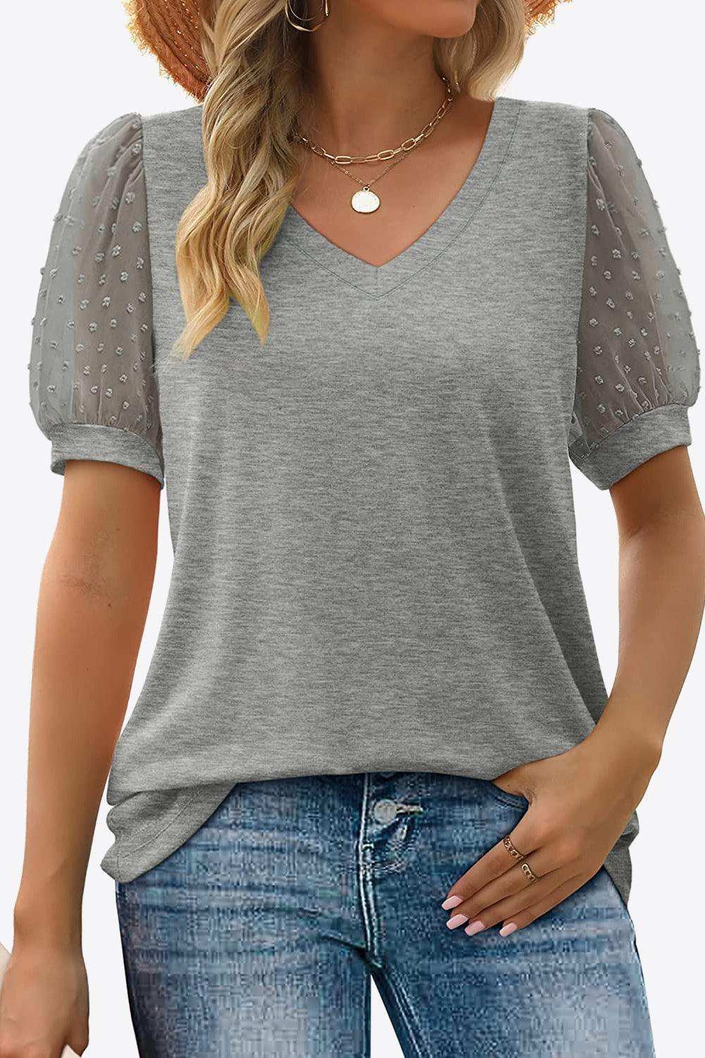 Swiss Dot Puff Sleeve V-Neck Tee - Trendsi - Flyclothing LLC