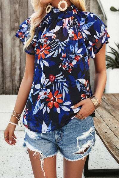 Printed Ruffled Mock Neck Blouse - Trendsi - Flyclothing LLC
