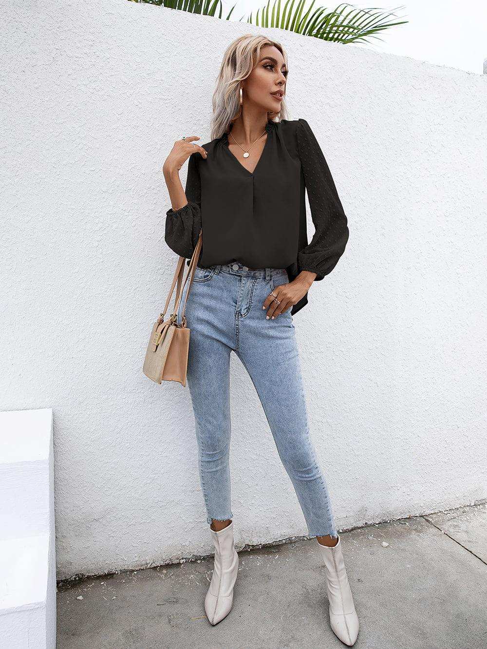 Swiss Dot Frill Trim Puff Sleeve Blouse - Trendsi - Flyclothing LLC