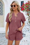 Notched Button Detail Dropped Shoulder Top and Shorts Set - Trendsi - Flyclothing LLC