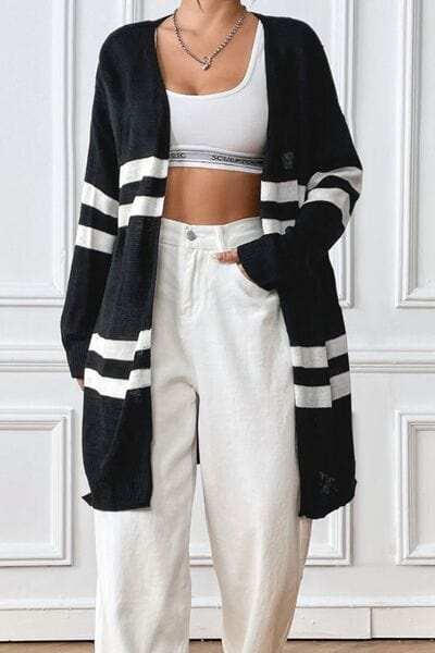 Striped Open Front Dropped Shoulder Cardigan - Trendsi - Flyclothing LLC